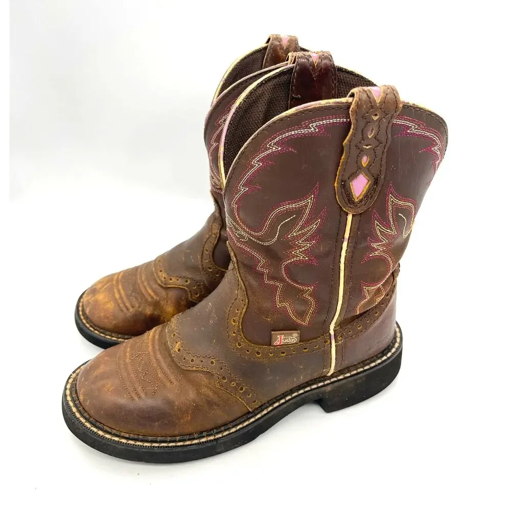 Justin Gypsy L9903 Girls Brown w/ Pink Trim Cowboy Western Boots Size 6